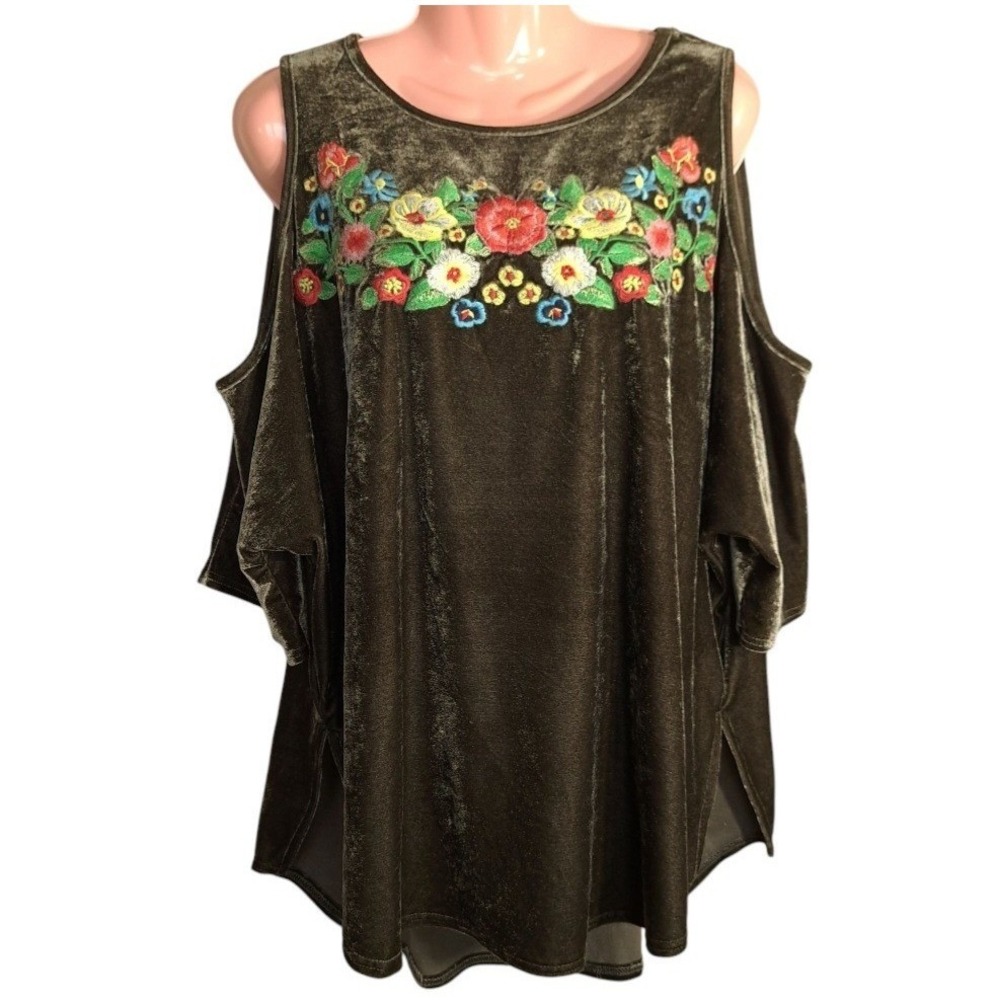 Umgee Women's Top/Tunic Size M Olive Green Velvet Embroidered Floral Sleveless